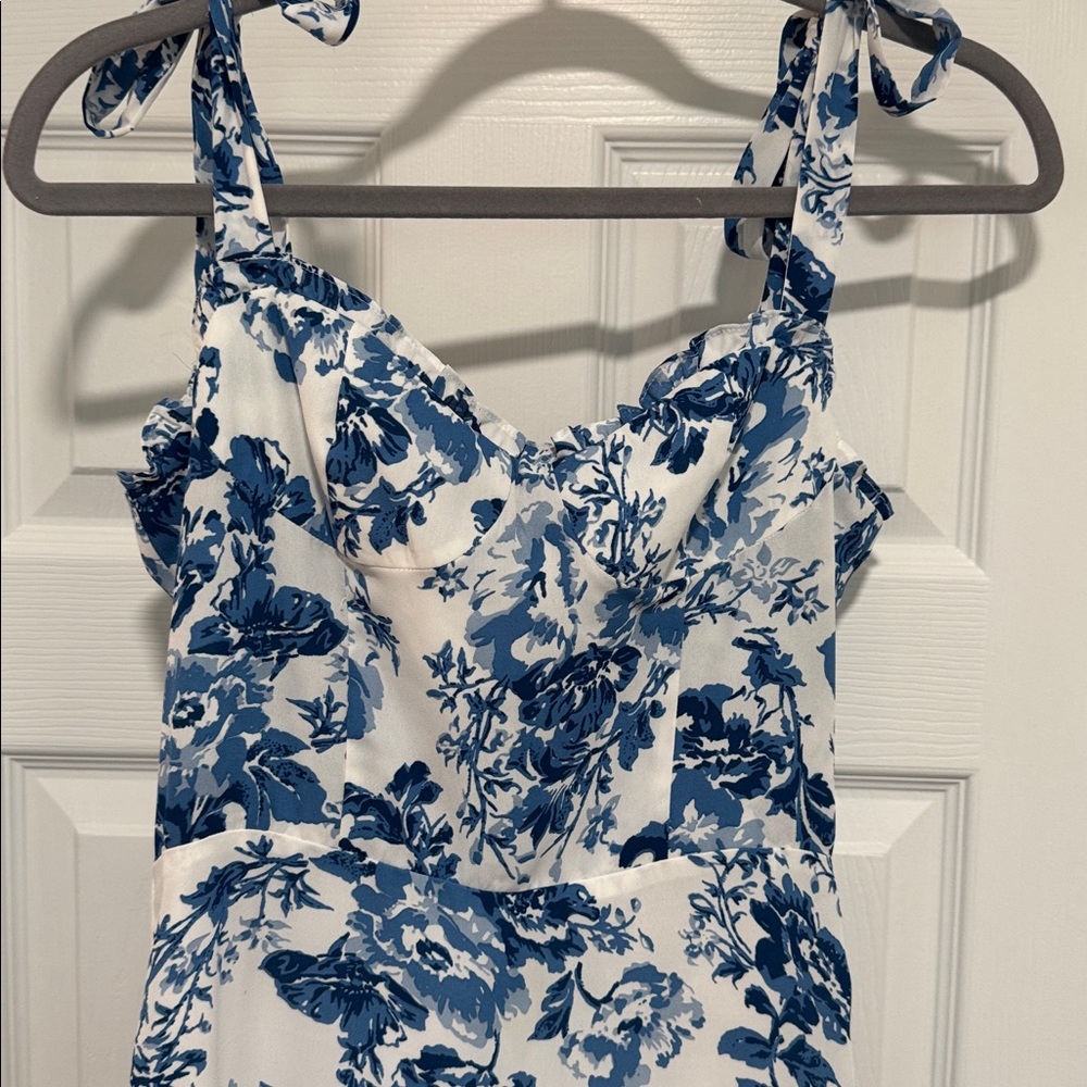 Blue Floral Tie-Strap Midi Dress - White & Blue o.p.t. Sz M - Picture 2 of 12